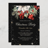 Elegant Black Poinsettia Berries Christmas Party 招待状 (正面/裏面)