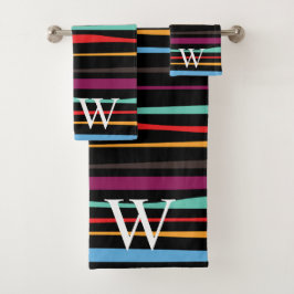 Elegant black purple and yellow stripes monogram バスタオルセット