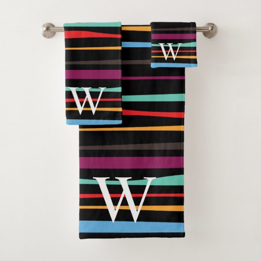 Elegant black purple and yellow stripes monogram バスタオルセット (インサイチュ)