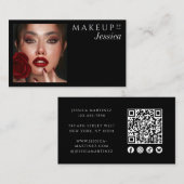 Elegant Black QR Code Social Icons Photo Makeup 名刺 (正面/裏面)