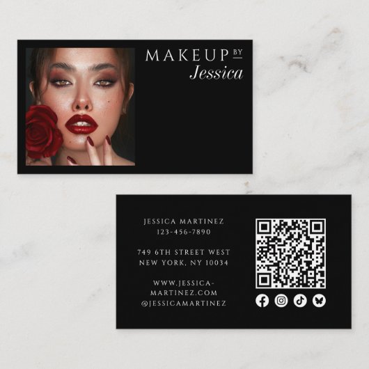 Elegant Black QR Code Social Icons Photo Makeup 名刺 (正面/裏面)