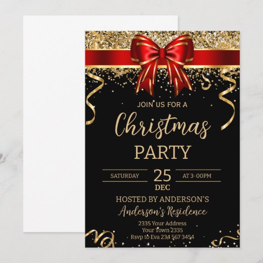 Elegant Black Red Bow Christmas Holiday Party 招待状 (正面/裏面)
