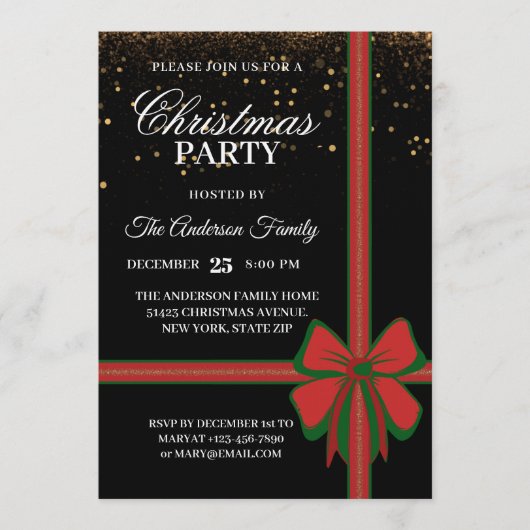 Elegant Black Red Bow Christmas Holiday Party 招待状 (正面)