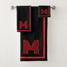 Elegant Black &Red Personalized Monogram  バスタオルセット