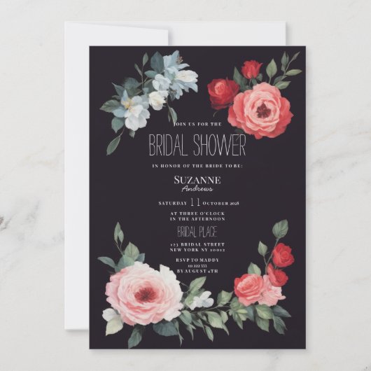 Elegant black red pink blue roses Bridal Shower 招待状 (正面)