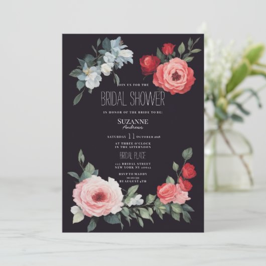 Elegant black red pink blue roses Bridal Shower 招待状 (スタンド正面)
