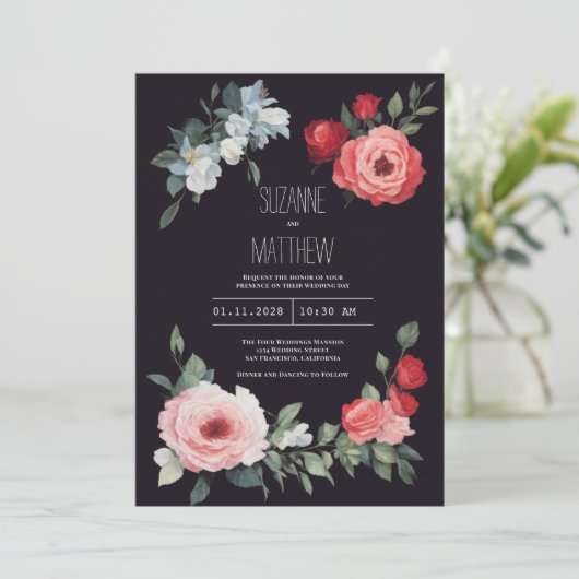 Elegant black red pink blue roses romantic Wedding 招待状 (スタンド正面)