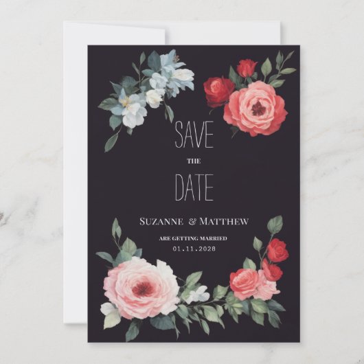 Elegant black red pink blue roses Save the Date 招待状 (正面)