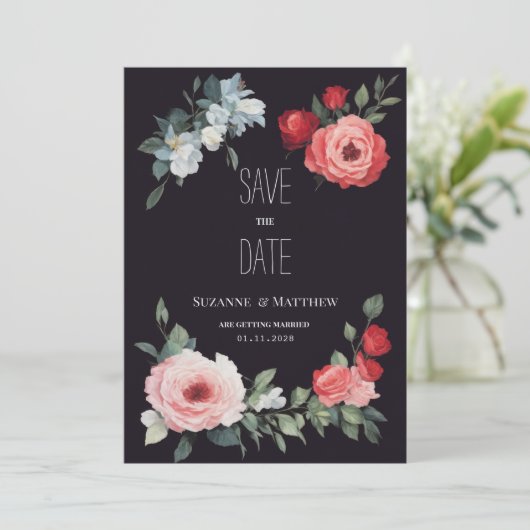 Elegant black red pink blue roses Save the Date 招待状 (スタンド正面)