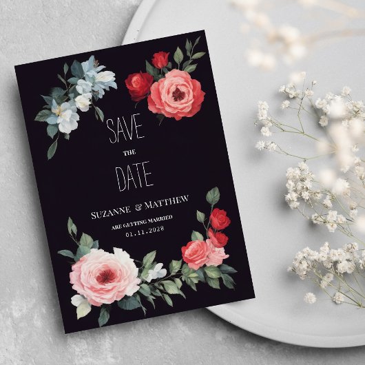 Elegant black red pink blue roses Save the Date 招待状