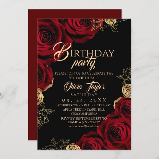Elegant Black Red Rose Birthday Party 招待状 (正面/裏面)