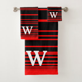 Elegant black &red stripes Pattern  monogram バスタオルセット