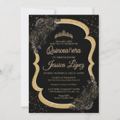 Elegant Black Rose and Gold Quinceanera 招待状 (正面)