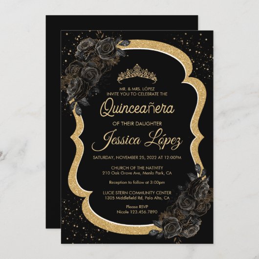 Elegant Black Rose and Gold Quinceanera 招待状 (正面/裏面)