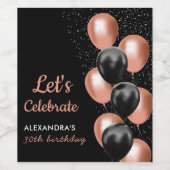Elegant Black Rose Gold Balloon Chic Birthday ワインラベル (シングルラベル)