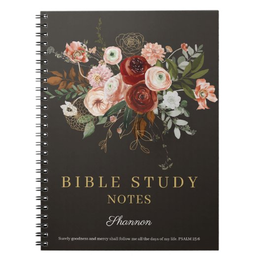 Elegant Black Rose Gold Floral Custom Bible Study ノートブック (正面)