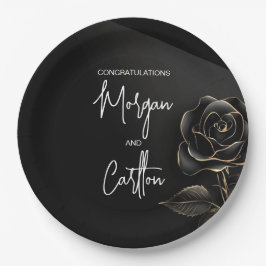 Elegant Black Rose with Gold Accents Wedding ペーパープレート