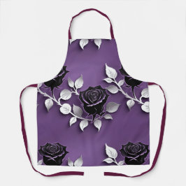 Elegant Black Roses With Silver Leaves エプロン