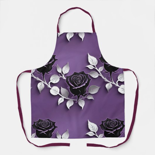 Elegant Black Roses With Silver Leaves エプロン (正面)