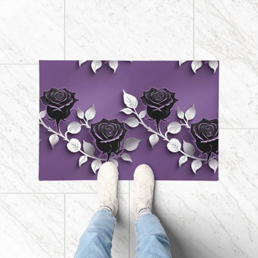Elegant Black Roses With Silver Leaves ドアマット (室内)