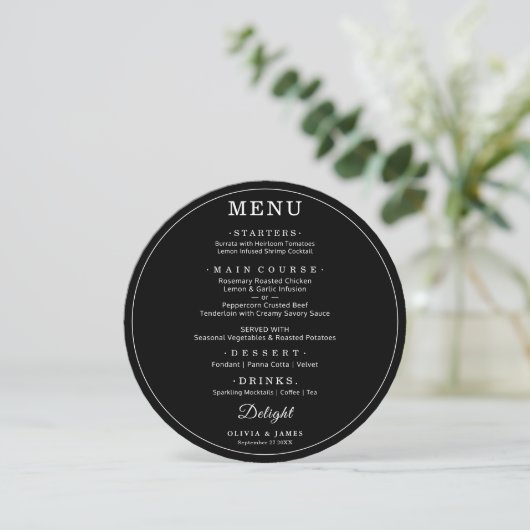 Elegant Black Round Wedding Simple Modern Menu  (スタンド正面)