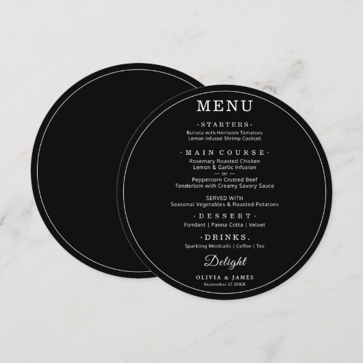 Elegant Black Round Wedding Simple Modern Menu  (正面/裏面)