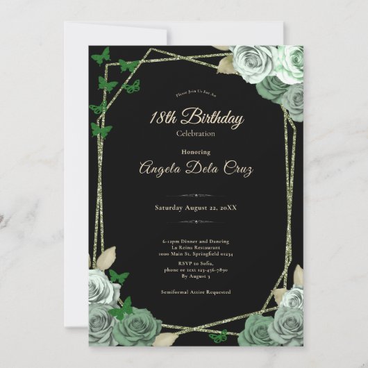 Elegant Black Sage Green Rose 18th Birthday Debut  招待状 (正面)