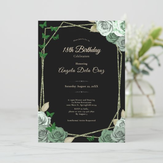 Elegant Black Sage Green Rose 18th Birthday Debut 招待状 (スタンド正面)