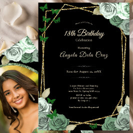 Elegant Black Sage Green Rose 18th Birthday Debut  招待状