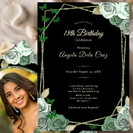 Elegant Black Sage Green Rose 18th Birthday Debut  招待状
