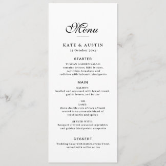 elegant black script white wedding menu card メニュー