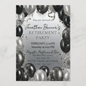 Elegant Black Silver Balloons Retirement Party 招待状 (正面)