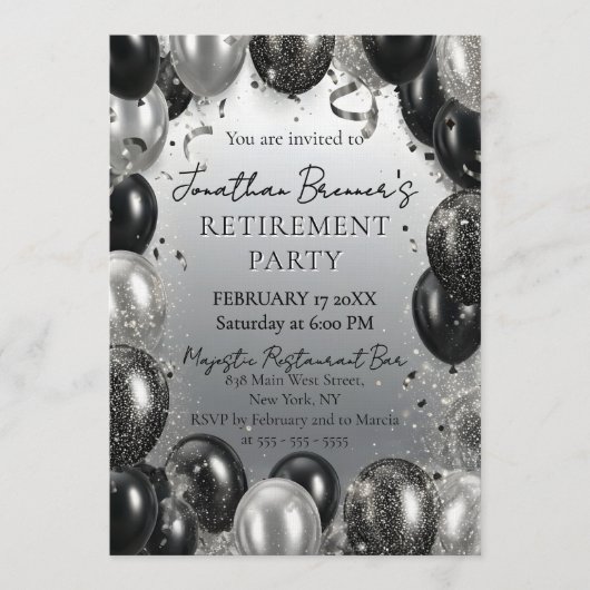 Elegant Black Silver Balloons Retirement Party 招待状 (正面)