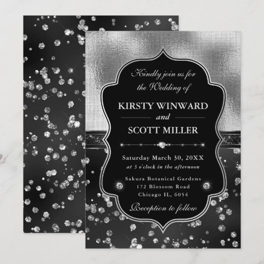 Elegant Black & Silver Diamonds Wedding 招待状 (正面/裏面)