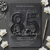 Elegant Black Silver Glitter 85th Birthday Party 招待状