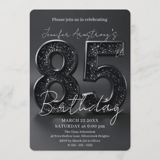 Elegant Black Silver Glitter 85th Birthday Party 招待状 (正面)