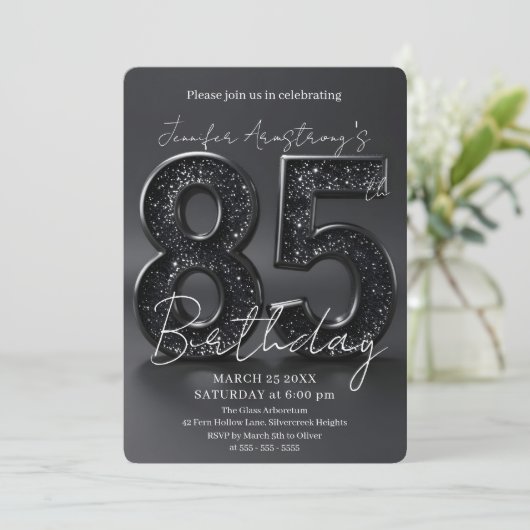 Elegant Black Silver Glitter 85th Birthday Party 招待状 (スタンド正面)