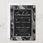 Elegant Black & Silver Glitter Agate Graduation 招待状 (正面)