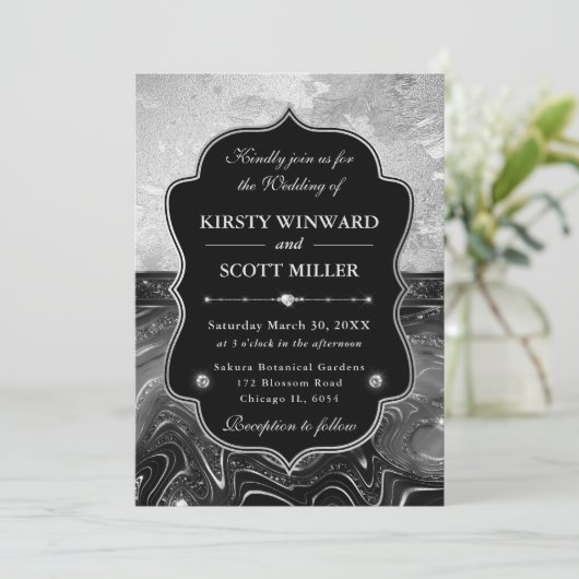 Elegant Black & Silver Glitter Wedding 招待状 (スタンド正面)