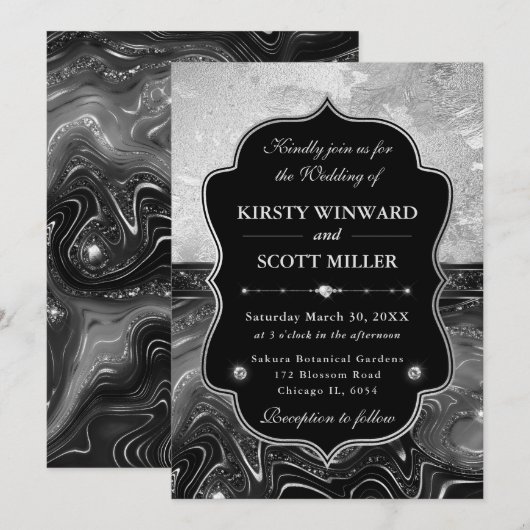 Elegant Black & Silver Glitter Wedding 招待状 (正面/裏面)