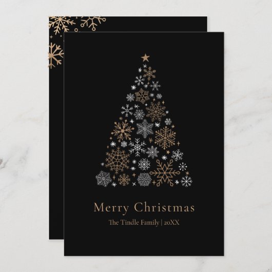 Elegant Black Silver Gold Script Christmas Tree シーズンカード (正面/裏面)