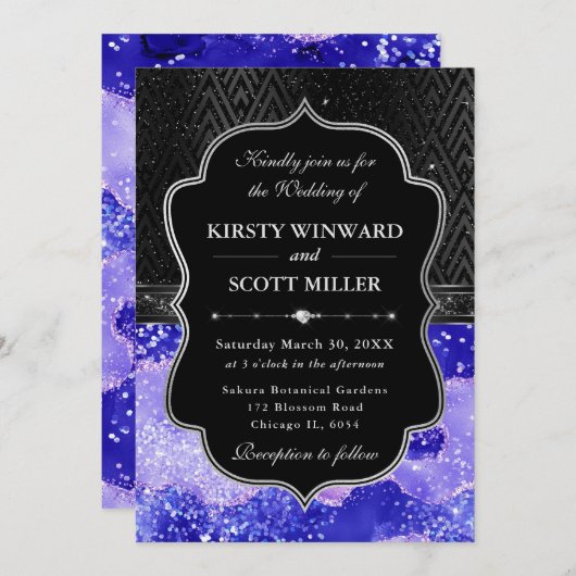 Elegant Black Silver Purple Agate Glitter Wedding 招待状 (正面/裏面)