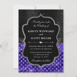 Elegant Black Silver Purple Dots Glitter Wedding 招待状