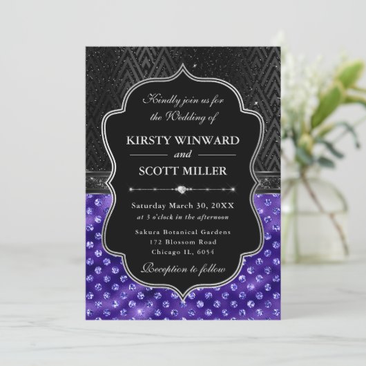 Elegant Black Silver Purple Dots Glitter Wedding 招待状 (スタンド正面)