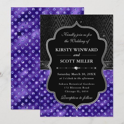 Elegant Black Silver Purple Dots Glitter Wedding 招待状 (正面/裏面)