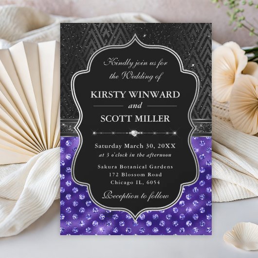 Elegant Black Silver Purple Dots Glitter Wedding 招待状
