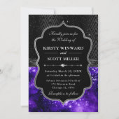 Elegant Black Silver Purple Galaxy Glitter Wedding 招待状 (正面)