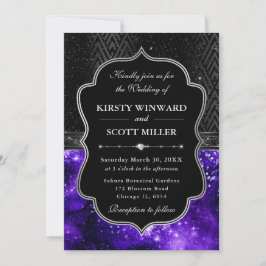 Elegant Black Silver Purple Galaxy Glitter Wedding 招待状