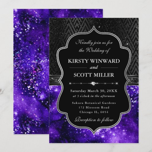 Elegant Black Silver Purple Galaxy Glitter Wedding 招待状 (正面/裏面)
