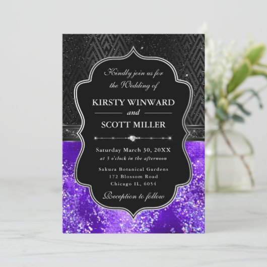 Elegant Black Silver Purple Glitter Wedding 招待状 (スタンド正面)